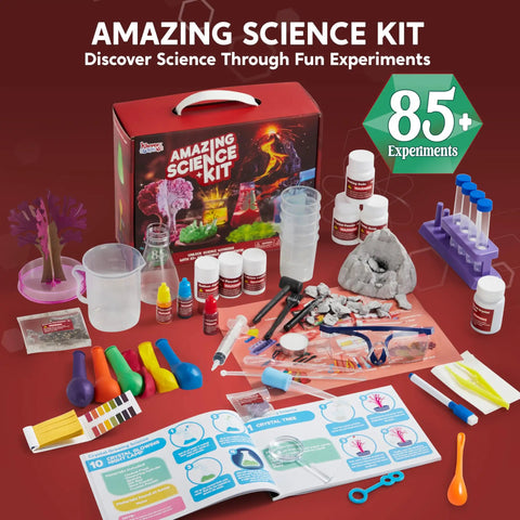 Ultimate Science Kit With 85 Plus Experiments For Kids Aged 6 7 8 Featuring Volcano Eruption Crystal Growing Chemistry And Earth Science Totally Hands On Activities For Curious Learners; kit contents displayed, including volcano model, test tubes, and instruction booklet.