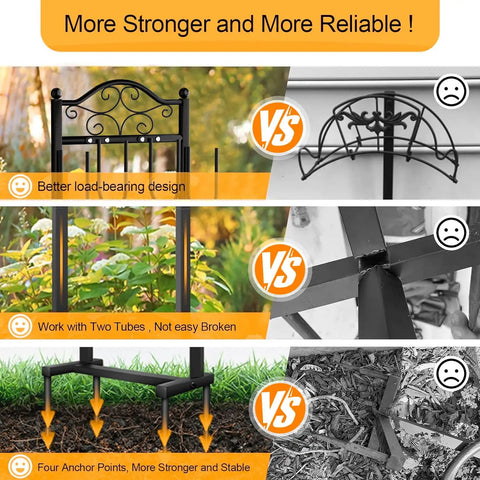 Comparison of heavy duty garden hose holder stand with quad anchor base for superior stability in yard or garden.