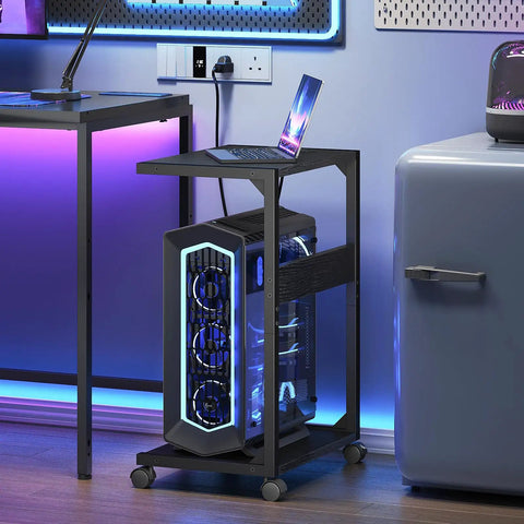 Under Desk CPU Stand With Charging Station Two Tier Mobile Computer Tower Cart With Lockable Wheels That Fits Most Desktops
