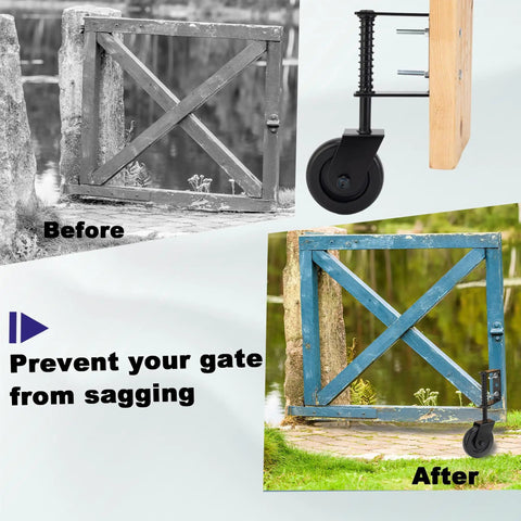 Heavy Duty Gate Wheel 4.3 Inch Spring Loaded For Wood Metal And Fence Gates TPR Rubber And Precision Bearings Dual Rust Protection 2 Pack installed on blue wooden gate