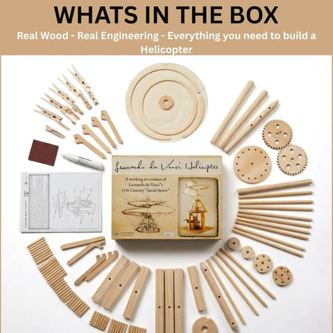 Hands On Leonardo Da Vinci Helicopter Model Kit For STEM Learners aerial screw wood parts and instructions laid out flat