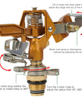 Impact Sprinkler On Tripod Base With Brass Head, 360 Degree Coverage, close-up of adjustable brass head components