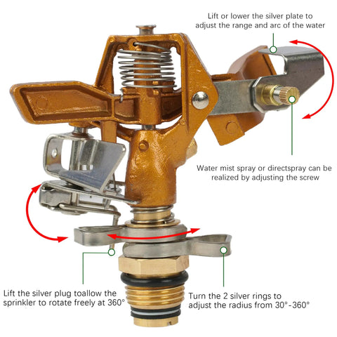 Impact Sprinkler On Tripod Base With Brass Head, 360 Degree Coverage, close-up of adjustable brass head components