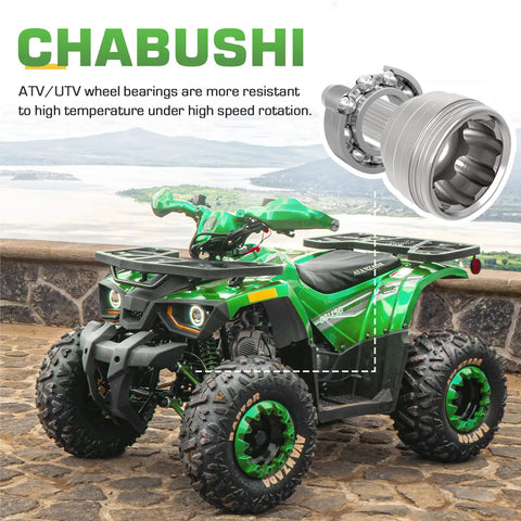 Crush The Trail Front Left Right Wheel Bearing Hub Assembly For Polaris Ranger 570 500 EV Sportsman 300 400 450 500 570 600 700 800 Forest 05 To 22 Plug And Play 2 Pack with green ATV on rocky terrain.
