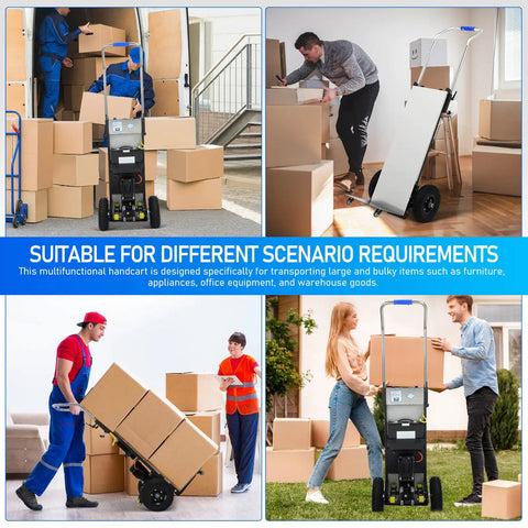Heavy Duty Electric Stair Climbing Hand Truck With Powerful 1200 Watt Motor And Telescopic Handle transporting boxes in various settings.