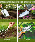 Features of 9 Piece Garden Tools Set For Women With Rust Proof Stainless Steel Spades Transplanter Cultivators Pruner Hand Rake Weeder Gloves All In One Tool Bag Complete Gardening Kit For Daily Yard Work
