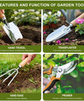 All In One Garden Tool Set For Beginners And Weekend Warriors with trowel, transplanter, hand rake, and pruner in use