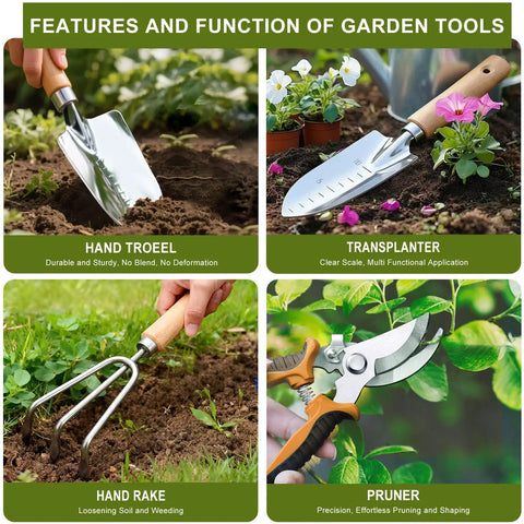 All In One Garden Tool Set For Beginners And Weekend Warriors with trowel, transplanter, hand rake, and pruner in use