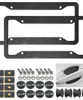 Rad Ride Carbon Fiber License Plate Frames 2 Pack Deep Glossy Black Aluminum Car Tag Holder Cover With Heavy Duty Steel Bolts and accessories.