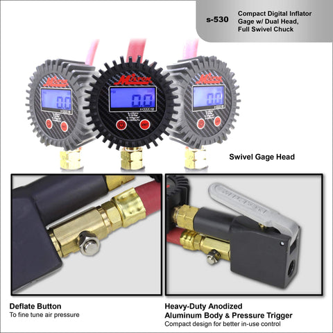Compact Digital Tire Inflator With Gauge 255 PSI, Dual Head Chuck, 15 Inch Hose, Swivel, Backlit Display, Red Hose, Close-Up