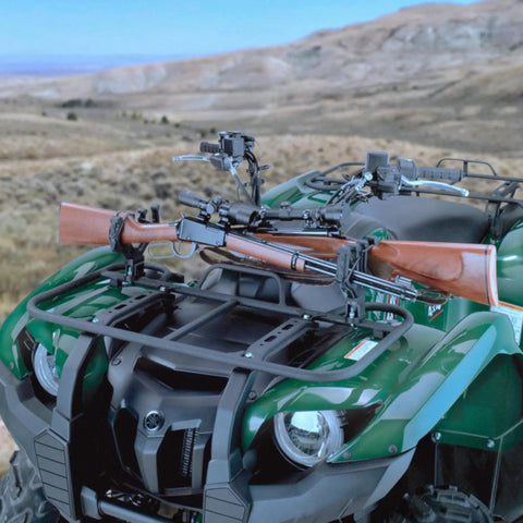 Dual ATV Gun And Bow Rack With Cushioned Rubber Grips Mounts On Standard Five Eighths To One Inch Bars Holds Two Guns Or Bows Side By Side