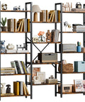 Big Ol Industrial Triple Column 5 Tier Bookshelf With Open Display Shelves For Home Office Rustic Brown Large Etagere Bookcase with books and decor