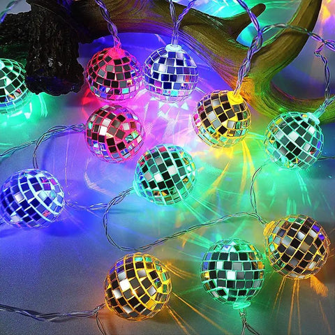 50 LED Disco Ball Mirror String Lights Multicolor Party Decor for indoor and outdoor use USB or battery powered ambiance