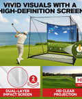 Golfer using 10x8 Ft Golf Practice Net With Side Barriers And Dual Layer HD Simulator Screen for realistic indoor or outdoor play.