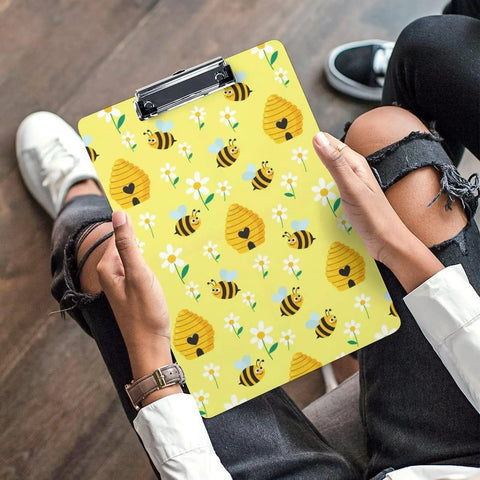 Honey Bee Print Sturdy Acrylic Clipboard For A4 Papers, Clear Desk Organizer With Smooth Writing Surface, Real Deal Heavy Duty See Through Clipboard For School, Office, Or Home, Fits US Letter And A4, bee and daisy design