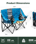 Foldable Double Camping Chair With Storage For Two People Cozy Loveseat Style Outdoor Lounge with kettlebells on seat