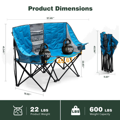 Foldable Double Camping Chair With Storage For Two People Cozy Loveseat Style Outdoor Lounge with kettlebells on seat