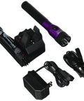 Purple LED Flashlight For Everyday Carry, Rugged Handheld Torch With Long Battery Life, charger, battery pack, and power adapter