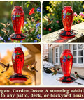 Collage of Heavy Duty 24 Oz Hummingbird Feeder For Outdoors Hangin With Thick Glass And Floral Decals, Leak Resistant Metal Base