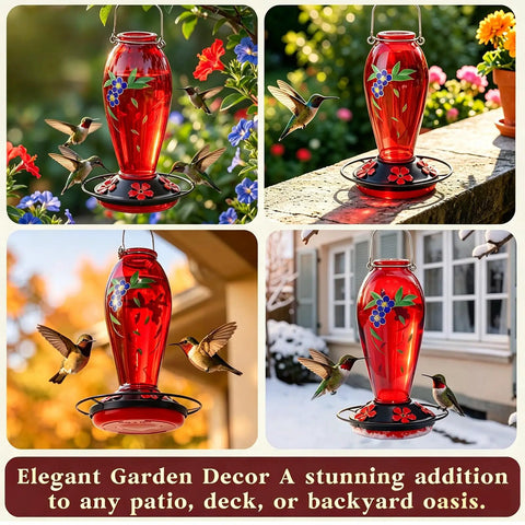 Collage of Heavy Duty 24 Oz Hummingbird Feeder For Outdoors Hangin With Thick Glass And Floral Decals, Leak Resistant Metal Base
