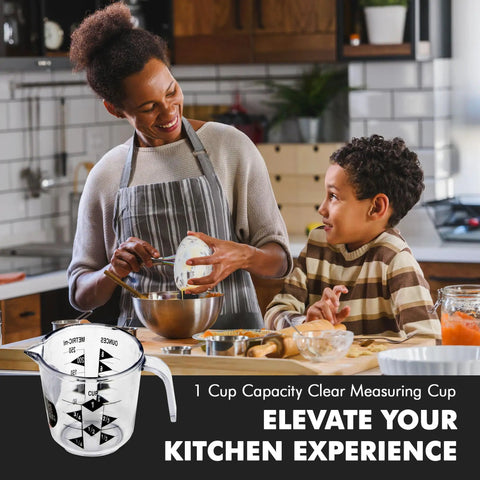 Clear Plastic Measuring Cup With Easy Read US And Metric Markings, 1 Cup Size, Durable Dishwasher Safe in kitchen setting