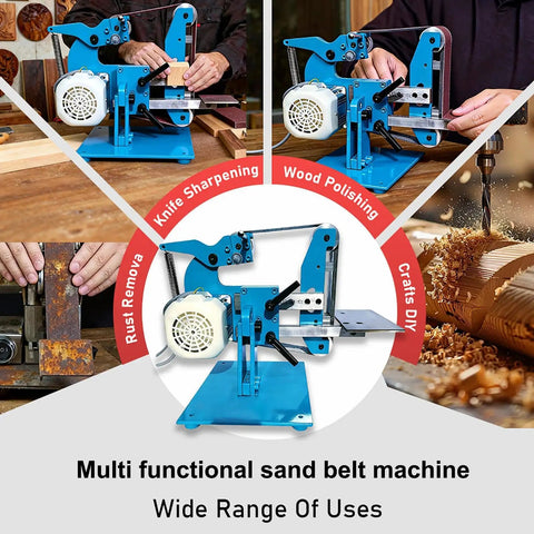 Knock It Out 750W Electric Belt Sander With Forward Reverse Control And Smooth Polishing Finish For Hardwood And Metal Projects Built Tough Thick Steel Base Works Like A Charm in action for knife sharpening and wood polishing.