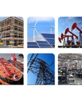 Collage of construction site, solar panels, oil pumps, cargo ship, power lines, and industrial manufacturing facility.