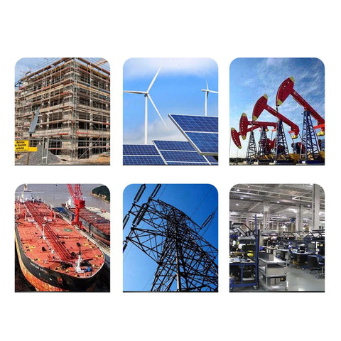 Collage of construction site, solar panels, oil pumps, cargo ship, power lines, and industrial manufacturing facility.