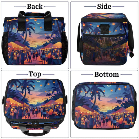 Back and side view collage of Insulated Picnic Backpack Lunch Bag For All Day Outings The Go To Carryall With 12 X 8.7 X 10 Inch Capacity Keeps Food Fresh With Thick Inner Lining Ideal For Picnics Beach Work Travel Office And Camp with colorful market scene design.