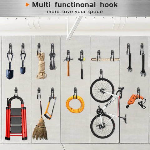 Multi tool hooks on wall storing tools, bicycle, and ladder in organized garage space