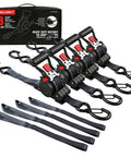 Four Pack Heavy Duty Retractable Ratchet Straps 1 Inch By 12 Feet With 1500 Pound Break Strength Auto Self Retracting Tie Downs S Hook With Safety Clips For Trucks Cargo ATV And Motorcycle