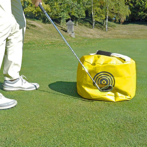 Golfer using Golf Swing Training Hitting Bag Pro Power Smash Bag For Indoor Outdoor Practice Waterproof Durable Yellow Real Feel Swing Aid