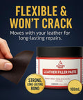 Leather Repair Filler For Holes, Tears, Cracks And Scratches On Car Seats, Furniture, And Shoes Flexible Paintable Crack Repair With Applicator, 100 Milliliters Dries Smoothly Long Lasting Finish Easy To Use jar with applicator and leather piece