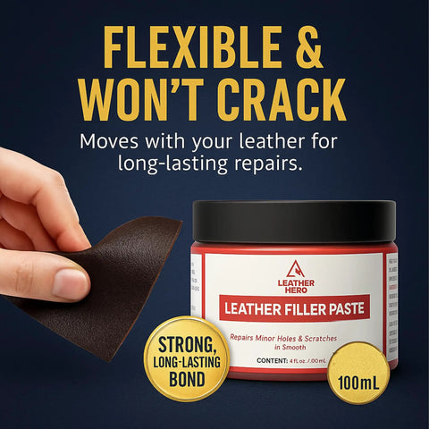 Leather Repair Filler For Holes, Tears, Cracks And Scratches On Car Seats, Furniture, And Shoes Flexible Paintable Crack Repair With Applicator, 100 Milliliters Dries Smoothly Long Lasting Finish Easy To Use jar with applicator and leather piece