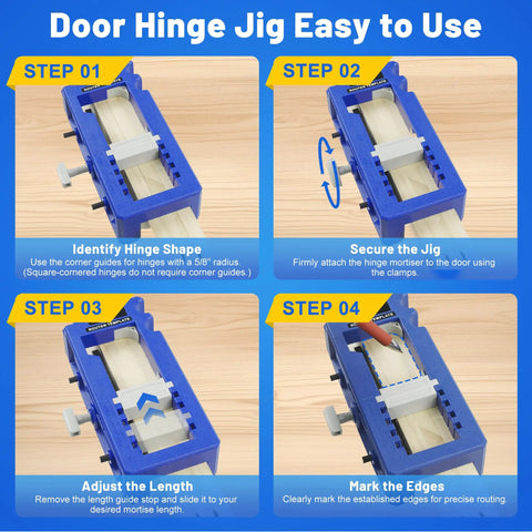 Adjustable Door Hinge Jig And Router Template For 3 To 5 Inch Hinges, showing usage steps for precise mortise cutting.