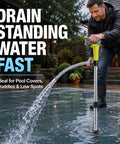 Cordless Stick Water Transfer Pump Roams Free Without Power Cords And Sniffs Out Standing Water Fast, draining water from a flooded patio.