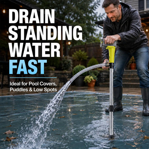 Cordless Stick Water Transfer Pump Roams Free Without Power Cords And Sniffs Out Standing Water Fast, draining water from a flooded patio.