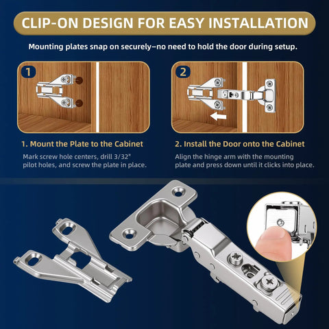 12 Pack Half Inch Overlay Soft Close Cabinet Hinges With Smooth As Butter Glide installation guide showing clip-on design.