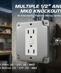 Heavy Duty 4 By 4 Welded Metal Electrical Junction Box Ten Pack With Two And One Eighth Inch Depth Thirty Point Three Cu In Capacity Sixteen Knockouts Including Ten Half Inch And Six Three Quarter Inch Grounded Galvanized Steel Utility Box Enclosure mounted on wall showcasing knockouts.