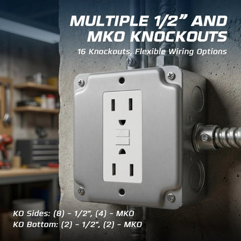 Heavy Duty 4 By 4 Welded Metal Electrical Junction Box Ten Pack With Two And One Eighth Inch Depth Thirty Point Three Cu In Capacity Sixteen Knockouts Including Ten Half Inch And Six Three Quarter Inch Grounded Galvanized Steel Utility Box Enclosure mounted on wall showcasing knockouts.