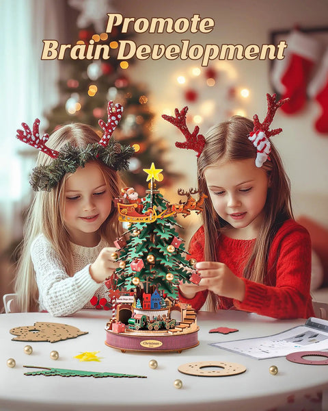 3D Puzzles For Adults Awesome Wooden Music Box Christmas Melody Tree 319 Piece Model Building Kit assembly with two girls