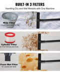 Image showing built-in 3 filters: wide filter, cylinder filter, and foam wet filter with the Five Gallon Wet Dry Shop Vacuum 60 CFM 6 HP Peak Power Beast Suction Portable 3 In 1 With Filter Hose And Attachments For Home And Car Cleaning Black Yellow Pro Grade Performance.