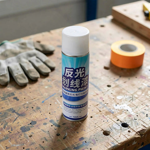 Uonlytech Reflective Hazard Marking Spray, Industrial Safety Warning Paint can on a workbench with gloves and tape.