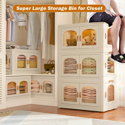Top Tier Heavy Duty Storage Bins 3 Pack With Snap Click Lids And Super Smooth Glide Wheels Stackable Plastic Totes in closet with stacked design.