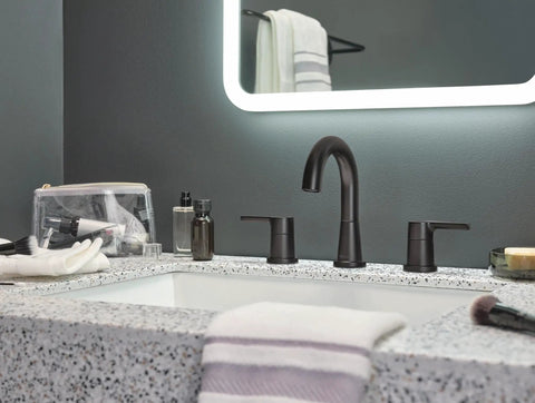 Flute Bath Faucet in Matte Black with High Arc Spout for Three Hole Six to Sixteen Inch Installations on modern vanity sink
