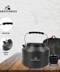 Stovetop Camping Kettle 2.2 Liter Teapot for Boiling Water and Tea Brewing with carry bag and cup on wooden surface