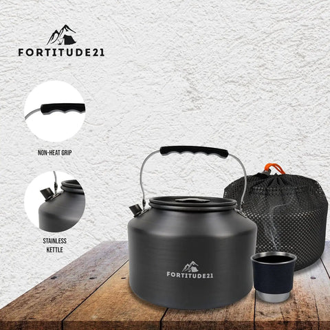 Stovetop Camping Kettle 2.2 Liter Teapot for Boiling Water and Tea Brewing with carry bag and cup on wooden surface