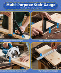 Premium Steel Stair Gauges For Framing Squares showcased in use for stair stringer layouts and circular saw guiding.