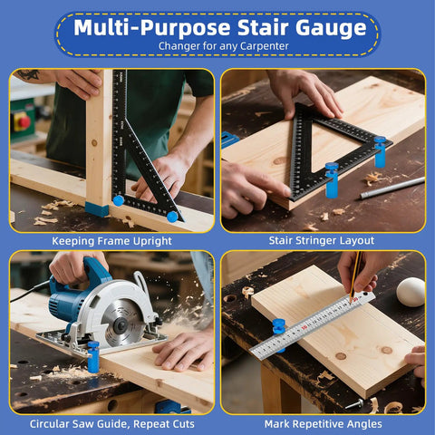 Premium Steel Stair Gauges For Framing Squares showcased in use for stair stringer layouts and circular saw guiding.