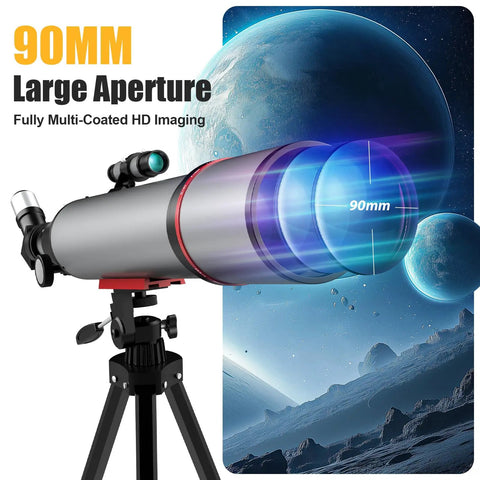 90mm Aperture Refractor Telescope For Beginners With 600mm Focal Length Portable Astronomy Kit with digital rendering and tripod